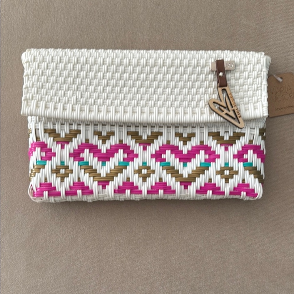 Maria Victoria Woven Clutch with Pink and Gold Accents